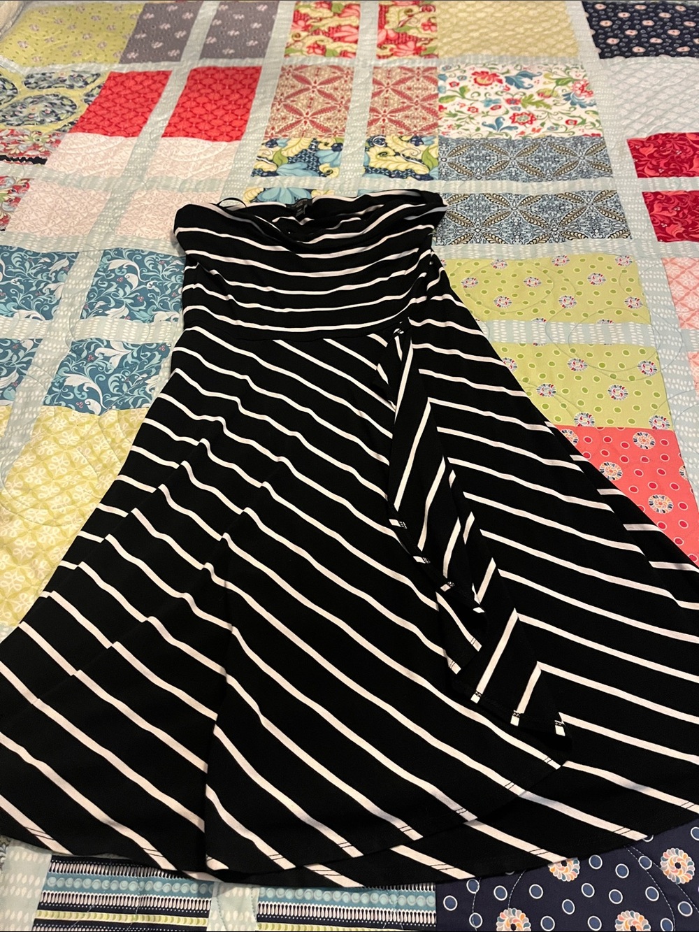 Ann Taylor Black and White Strapless Stripe Midi Dress